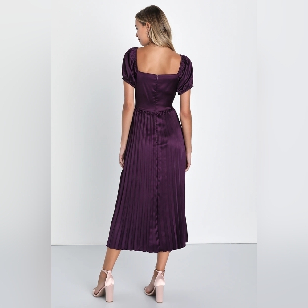 Lulus Flawless Forever Dark Purple Satin Pleated Midi Dress M Wedding Party Prom - Picture 5 of 9